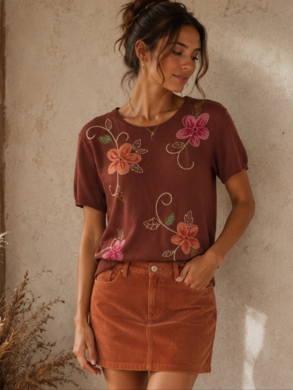 Alfred Dunner Rust Brown Embroidered Floral Knit Sweater Top